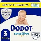 Dodot Pañales Bebé Sensitive, Talla 3 (6-10 kg), 224 Pañales + 1 Pack de 40 Toallitas Regalo de Aqua Plastic Free, Nº1 en Protección de la Piel deDodot, Pack Mensual
