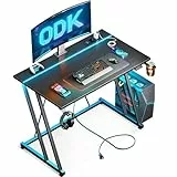 ODK 80 × 50 cm Mesa Gaming con Luces LED y Toma de Corriente, Escritorio Gaming con Soporte para Taza y Gancho para Auriculares, Diseño Doble Z Mesa Mesa Ordenador Fibra de Carbono Negro