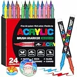 Laconile 24 Colores de Rotuladores Acrílicos para piedras Resistente al Agua, Acrylic Markers con Punta de Pincel, Paint Markers Ideales para Pintar Piedras, Porcelana, Vidrio, Lienzo, Cerámica