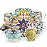 vancasso Serie Jasmin Vajillas Completas 4 Personas, Vajilla 16 Piezas de Porcelana Marroquí - 4 Platos Llanos, 4 Platos de Postre, 4 Cuencos y 4 Tazas, Apto para Microondas, Vajilla Colorida Boho