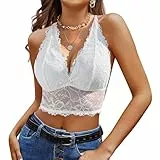 TOMEEK Camisolas Mujer Sexy de Encaje Crop Top Camisetas Sin Mangas Camiseta Ajustada con Tirantes Básico de Encaje para Mujer Cuello En V Tops(Blanco,S)