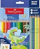 Faber-Castell 111222 - Estuche de Cartón con 24 Lápices de Colores - 18 Colores Clásicos + 3 Neón + 3 Metálicos - Edición Dinosaurio
