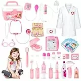 deAO Kids Juego de rol para Dentista, Cirujano y Veterinario, 30 Piezas, con Sonido y Luz Incluyendo Estetoscopio Electrónico, Capa de Laboratorio y Equipo Médico (Rosa)