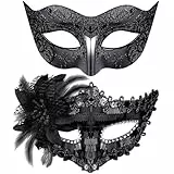 SIQUK - Máscaras venecianas de plástico para parejas, con lentejuelas, disfraz de Halloween, máscara de diamantes de imitación para Mardi Gras, para mujeres y hombres, Negro