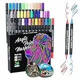Sonlaryin Rotuladores Acrilicos, 36 Colores Rotuladores de Pintura Acrílica Doble Punta con Fina y Pincel, Rotuladore Acrilicos Permanentes para Roca, Cristal, Cerámica, Plastico, Tela, Metal