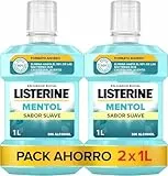 Listerine Mentol Sabor Suave (2 x 1 L), enjuague bucal con flúor y 0% alcohol, colutorio encías con 24 h de protección, enjuague bucal sin alcohol para un aliento fresco