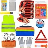 KAHEIGN 12 en 1 Kits de Emergencia para Automóviles, Kit de Reparación de Automóvile incluido Triángulo Peligroso, Visibilidad Chaleco, Remolque Cuerda, Martillo Utilitario, Plomo Salto, Coche Fusible