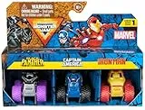 MONSTER JAM - Pack 3 Coches Monster Truck Marvel Oficial Escala 1:87 Metálicos: Black Panther, Capitán América y Iron Man - 6070229 - Coches para Niños - Juegos Infantiles - Juguetes Niños 3 años +