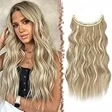 FESHFEN Extensiones Hilo Invisible Largo Ondulado Rizado Secret Extensión Invisible de Pelo sin Clips Sintética Postizos para Mujer, Rubio Oscuro Cenizo 50 cm