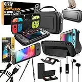 Orzly PACK ESENCIAL de Accesorios para Nintendo Switch [Incluye: Protectores de Pantalla, Cable USB, Funda para Consola, Estuche Tarjetas de Juego, Funda Comfort Grip, Auriculares] – NEGRO