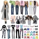 30 prendas compatibles con Barbie muñecas, 1 mil pájaros, abrigo a cuadros 2 abrigos de invierno 4 tops 1 suéter 2 faldas 3 pantalones 1 sombrero 2 gafas 4 zapatillas 10 tacones altos, para muñecas de