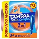 Tampax Tampones Pearl Compak Super Plus Con Aplicador Suave, Pack de 72, 3 en 1 Protección Antifugas, Comodidad Y Fácil Inserción
