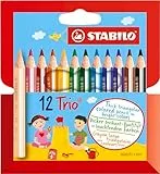 Lápiz de color escolar triangular, grueso y corto STABILO Trio thick short - Estuche con 12 colores