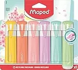 Maped Subrayadores Pastel, 6 Marcadores de Colores Suaves, Punta Biselada de 1 a 5 mm, Tinta Fluorescente para Papel, Tapón a Presión, Ideal para Oficina y Estudio