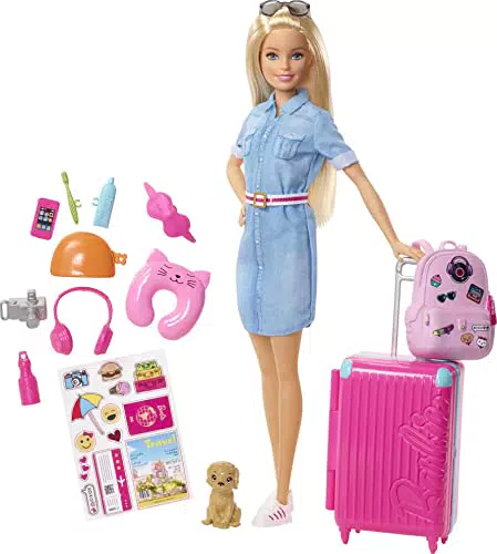 Barbie Muñeca Viajera - Conjunto de Viaje con Maleta Rosa y Perro - Más de 10 Accesorios - Con Pegatinas - Regalo para Niños de 3-7 Años