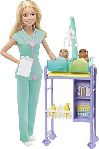 Barbie Quiero Ser pediatra muñeca rubia con dos bebes y accesorios