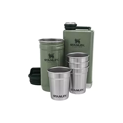 Stanley Adventure Pre-Party Vasos de Chupito + Petaca Set Hammertone Green Acero Inoxidable Sin BPA - Petaca de Acero Inoxidable - Set de regalo - Apto Para Lavavajillas