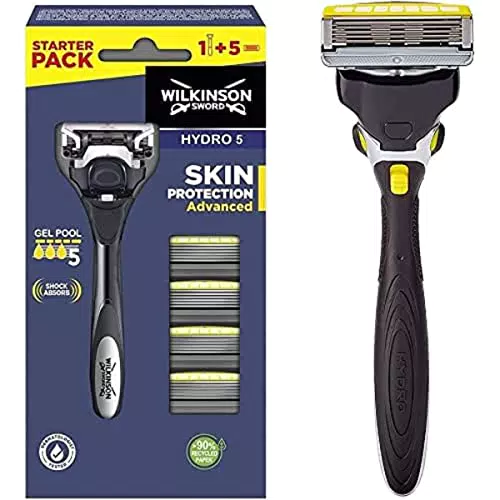 Wilkinson Sword Hydro 5 Skin Protection Advanced - Maquinilla con 5 Recambios con Bandas Lubricantes de Mentol para Pieles Sensibles - Cabezal Ajustable con Tecnología Shock Absorb