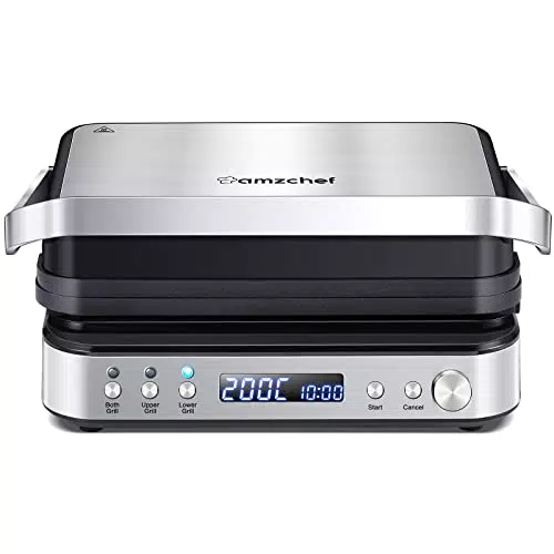 AMZCHEF Máquina 4 en 1 - 2000W Grill Electrico con 4 Placas Antiadherentes Intercambiables - Grill Sandwichera Plancha Doble Ajustable a 180º