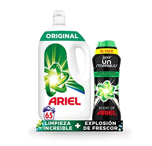 Ariel Detergente Lavadora Liquido 65 Lavados, Jabon Original + Lenor Unstoppables Potenciador De Fragancia De Ariel Para El Lavado 510g
