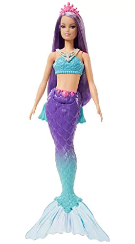 Barbie Sirena Muñeca con pelo lila, cola ombré, corona rosa y aletas esculpidas