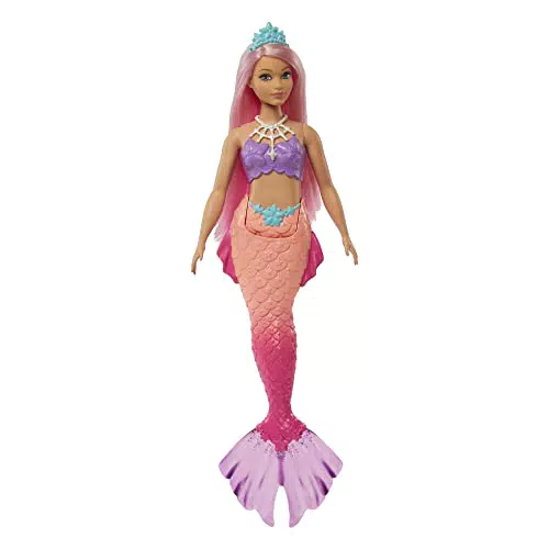 Barbie Sirena Muñeca con pelo rosa, cola ombré, corona azul y aletas esculpidas