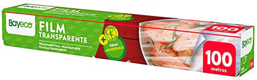 Bayeco - Papel Film Transparente - Gran adherencia - Estuche con sierra de corte - Apto para contacto con alimentos - Color transparente - Rollo papel film cocina de 100 metros