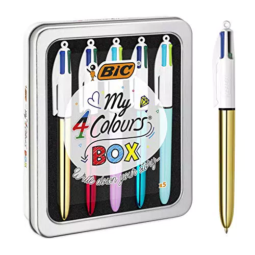 BIC My 4 Colours Box - Caja de 5 Bolígrafos 4 Colores en una bonita caja metálica - Bolígrafo retráctil con tintas en colores surtidos