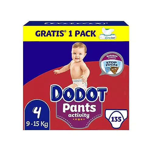 Dodot Pañales Bebé Activity Pants Talla 4, 135 Pañales + 1 Pack de 48 Toallitas Gratis Aqua Pure