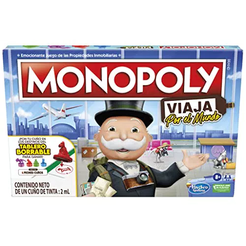 Monopoly Viaja por el Mundo - Juego de Mesa para Toda la Familia y niños a Partir de 8 años - Incluye peones-cuños y Tablero de borrado en seco