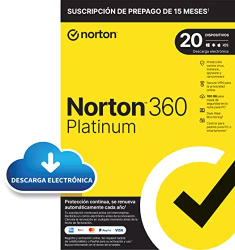 Norton 360 Platinum 2024 - Antivirus software para 20 Dispositivos y 15 meses de suscripción con renovación automática