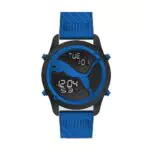 Puma Reloj para hombre Big Cat, movimiento LCD, 44MM Caja de policarbonato azul con correa de poliuretano