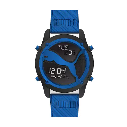 Puma Reloj para hombre Big Cat, movimiento LCD, 44MM Caja de policarbonato azul con correa de poliuretano