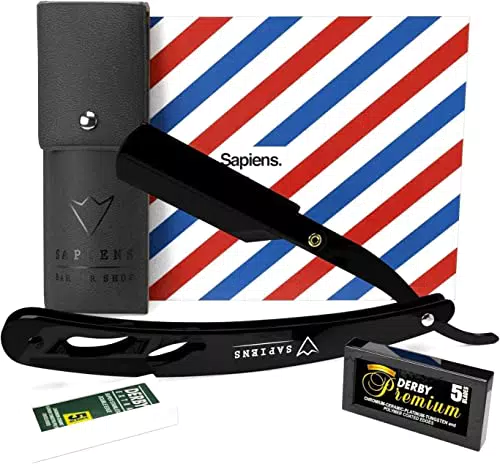 Sapiens Barbershop Navaja Afeitar Barbero - Cuchilla Afeitar Hombre para Barba con 10 Hojas de Afeitar Derby y Funda Protectora - Navaja Afeitar Clasica