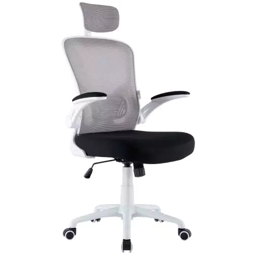 ZIK Silla de Oficina Ergonómica Blanca con Reposabrazos Abatibles y Reposacabezas Oscilante