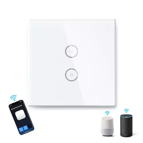 Aigostar WiFi Interruptor de Luz 2 Gang 1 Vía, Interruptor Inteligente Compatible con Alexa/Google Home