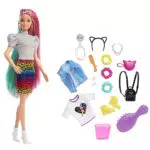 Barbie Pelo Arcoiris Muñeca rubia con falda de guepardo y accesorios de moda y para el pelo de juguete