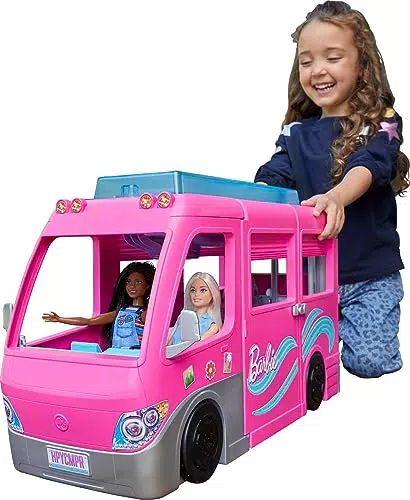 Barbie Supercaravana Dreamcamper 2022 Coche para muñecas con tobogán y accesorios de juguete