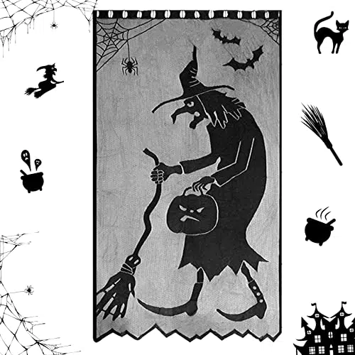 Cortinas de Ventana de Halloween Bruja Telaraña negra Murciélagos Cortina de puerta Espeluznante Encaje Ventana Cortina Panel Decoración para Halloween Fiesta Decoración Ventana Puerta Decoración