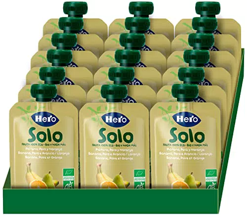 Hero Solo Bolsitas Ecológicas de Plátano, Pera y Naranja - Para Bebés a Partir de los 4 Meses - Pack de 18 x 100 g