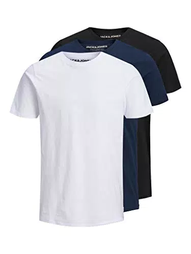 Jack & Jones Hombre Ligero Cuello 3 Paquete Camiseta - Negro/Armada - S