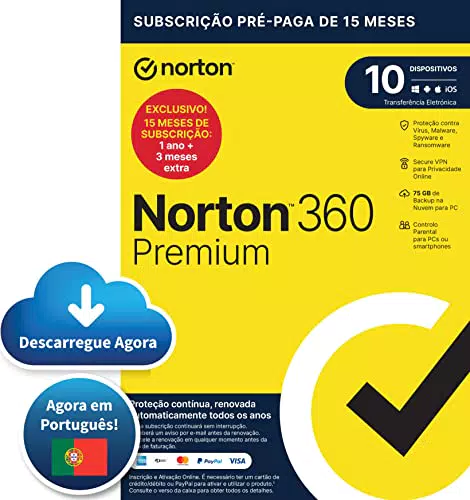 Norton 360 Premium 2024 -Software antivírus para 10 Dispositivos e 15 meses de subscrição com renovação automática