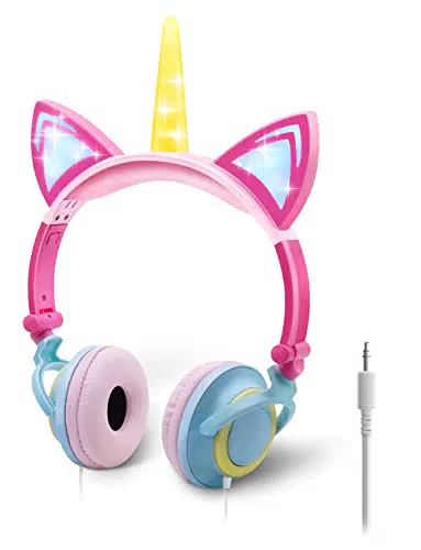 ONTA Auriculares para Niños con Orejas de Gato Iluminados con LED Plegables sobre Oído