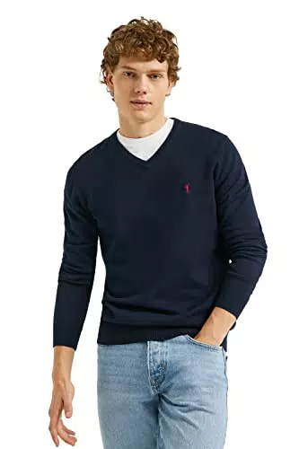 Polo Club Jersey Básico de Cuello Pico Azul Oscuro para Hombre - Suéter Manga Larga 100% Algodón con Logo Bordado