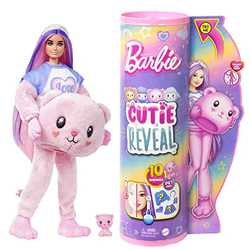 Barbie Cutie Reveal Camisetas Cozy Osito Disfraz revela una muñeca articulada con mascota y accesorios sorpresa de moda