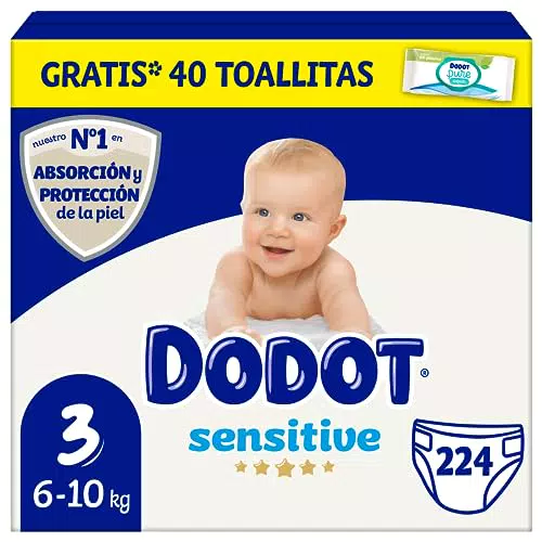 Dodot Pañales Bebé Sensitive Talla 3, 224 Pañales + 1 Pack de 40 Toallitas Gratis Cuidado Total Aqua