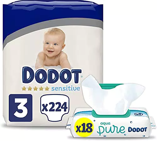 Dodot Pañales Bebé Sensitive Talla 3, 224 Pañales + Toallitas Aqua Pure