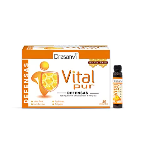 DRASANVI VITALPUR DEFENSAS - Jalea Real + Própolis + Vitamina C + Echinacea + Lactoferrina - Contribuye al funcionamiento normal del sistema inmunitario - SIN GLUTEN - 20 viales x 15ml