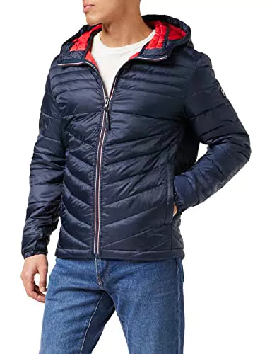 Jack & Jones Jjehero Puffer Hood Sn Chaqueta, Azul Marino. Detalles: Cremallera de Contraste