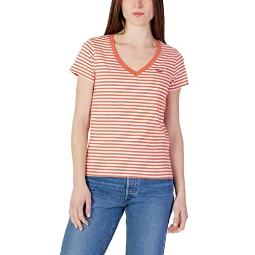 Levi's Perfect V-Neck Camiseta Mujer, Plain Jane Stripe Burnt Sienna